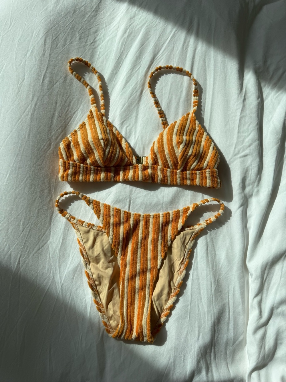 Frankie's Bikinis Orange and Cream Striped Textured Bikini Set